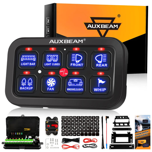 AuxBeam 8 Gang LED Switch Panel Kit BA80 Automatic Dimmable Universal(One-Sided Outlet) Blue