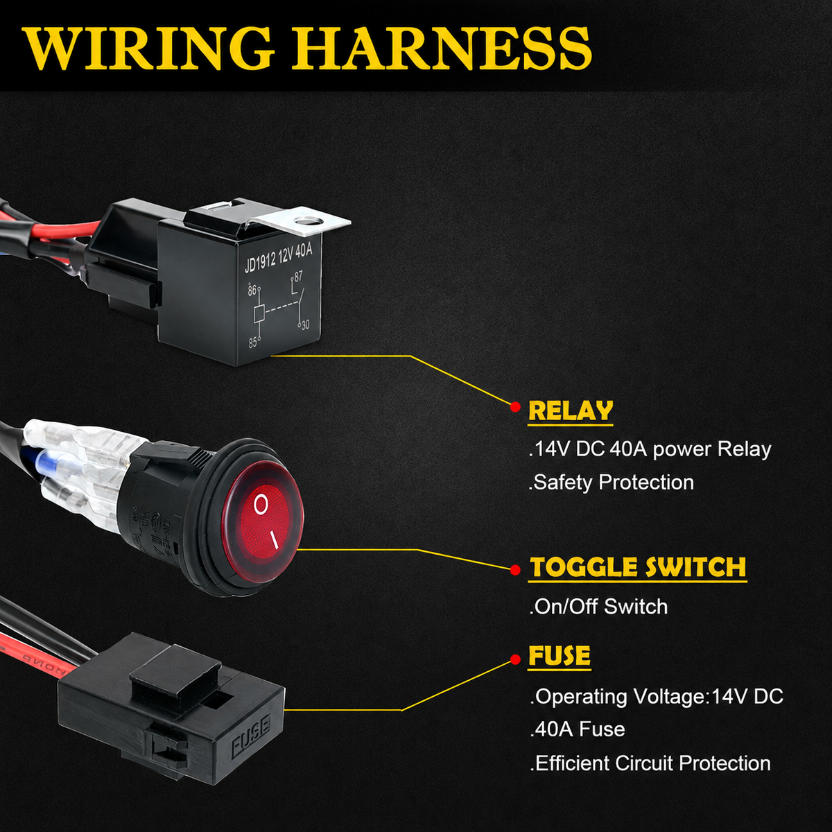 LED LIGHT BAR WIRING HARNESS KIT (2 LEADS 16AWG) WITH FUSE 12V 40A RELAY 3/4" ON/OFF SWITCH