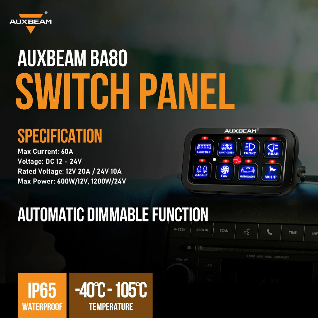 AuxBeam 8 Gang LED Switch Panel Kit BA80 Automatic Dimmable Universal(One-Sided Outlet) Blue & 47 Inch Extension Cable(Optional)