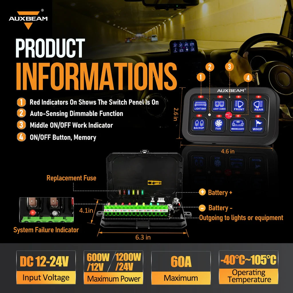 AuxBeam 8 Gang LED Switch Panel Kit BA80 Automatic Dimmable AuxBeam 8 Gang LED Switch Panel Kit BA80 Automatic Dimmable