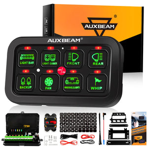 AuxBeam 8 Gang LED Switch Panel Kit BA80 Automatic Dimmable Universal(One-Sided Outlet) Green & 47 Inch Extension Cable(Optional)