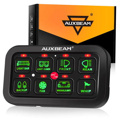 AuxBeam 8 Gang LED Switch Panel Kit GA80 Automatic Dimmable Universal (One-Sided Outlet) Green & 47 Inch Extension Cable (Optional)