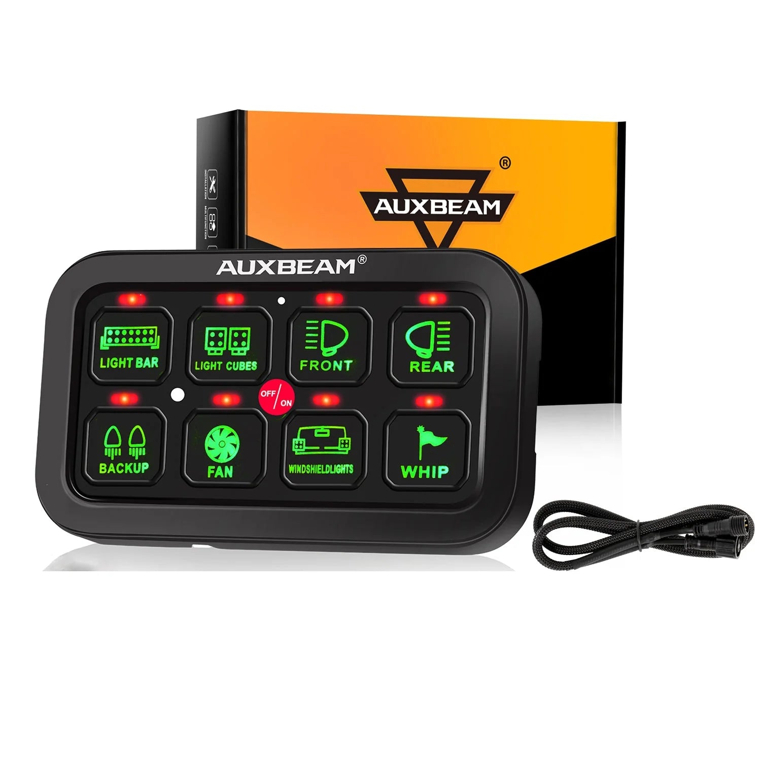 AuxBeam 8 Gang LED Switch Panel Kit GA80 Automatic Dimmable Universal  (One-Sided Outlet) Green & 47 Inch Extension Cable (Optional)