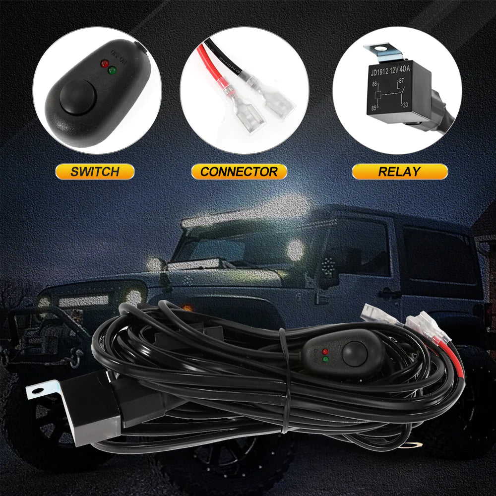 LED LIGHT BAR WIRING HARNESS KIT (2 LEADS 16AWG) WITH FUSE 12V 40A RELAY "NO DRILL" ON/OFF SWITCH