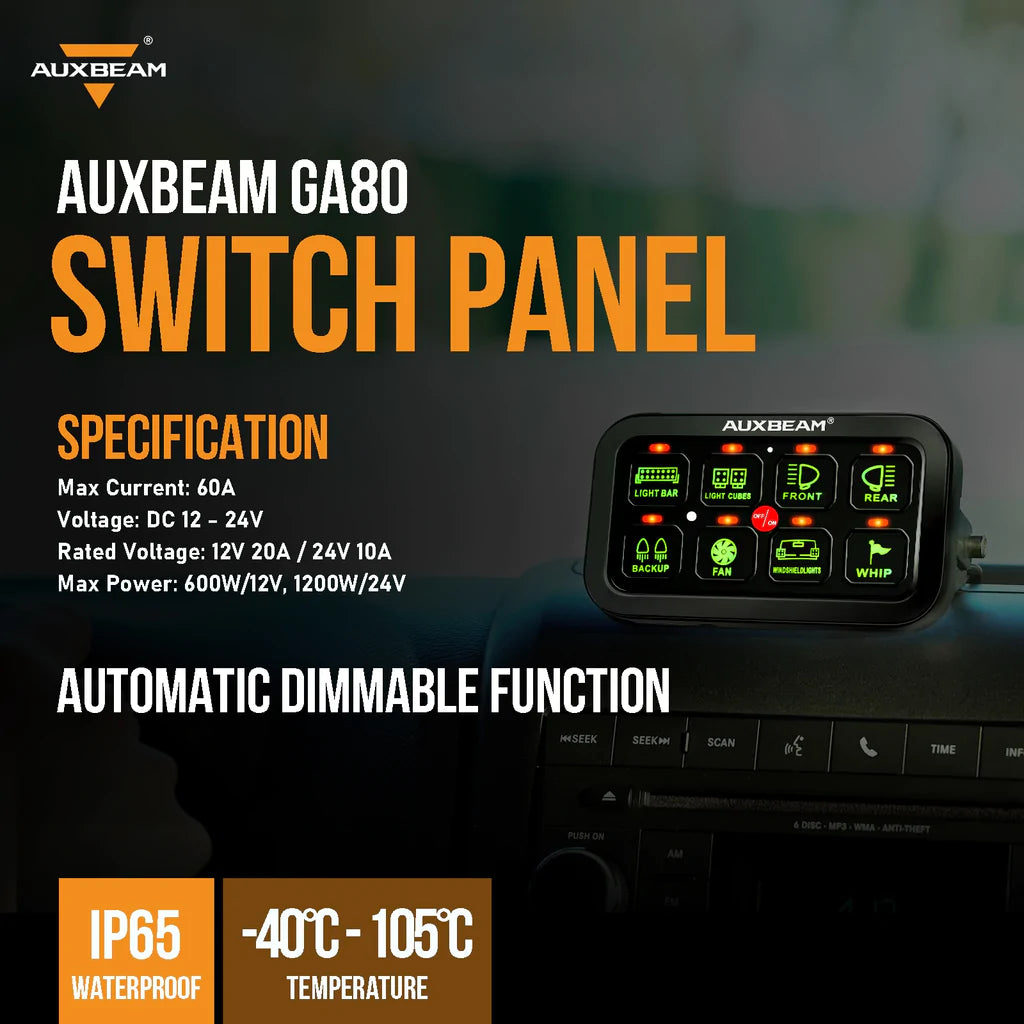 AuxBeam 8 Gang LED Switch Panel Kit BA80 Automatic Dimmable Universal(One-Sided Outlet) Green & 47 Inch Extension Cable(Optional)